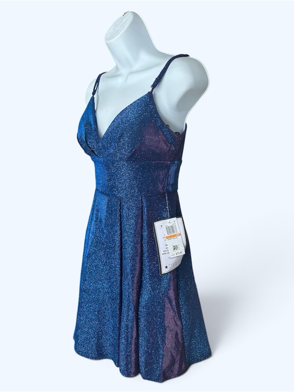 B Darlin' Size 3/4 Blue Sapphire Glitter-Knit Skater Party Mini Dress HOCO Prom - Picture 3 of 9